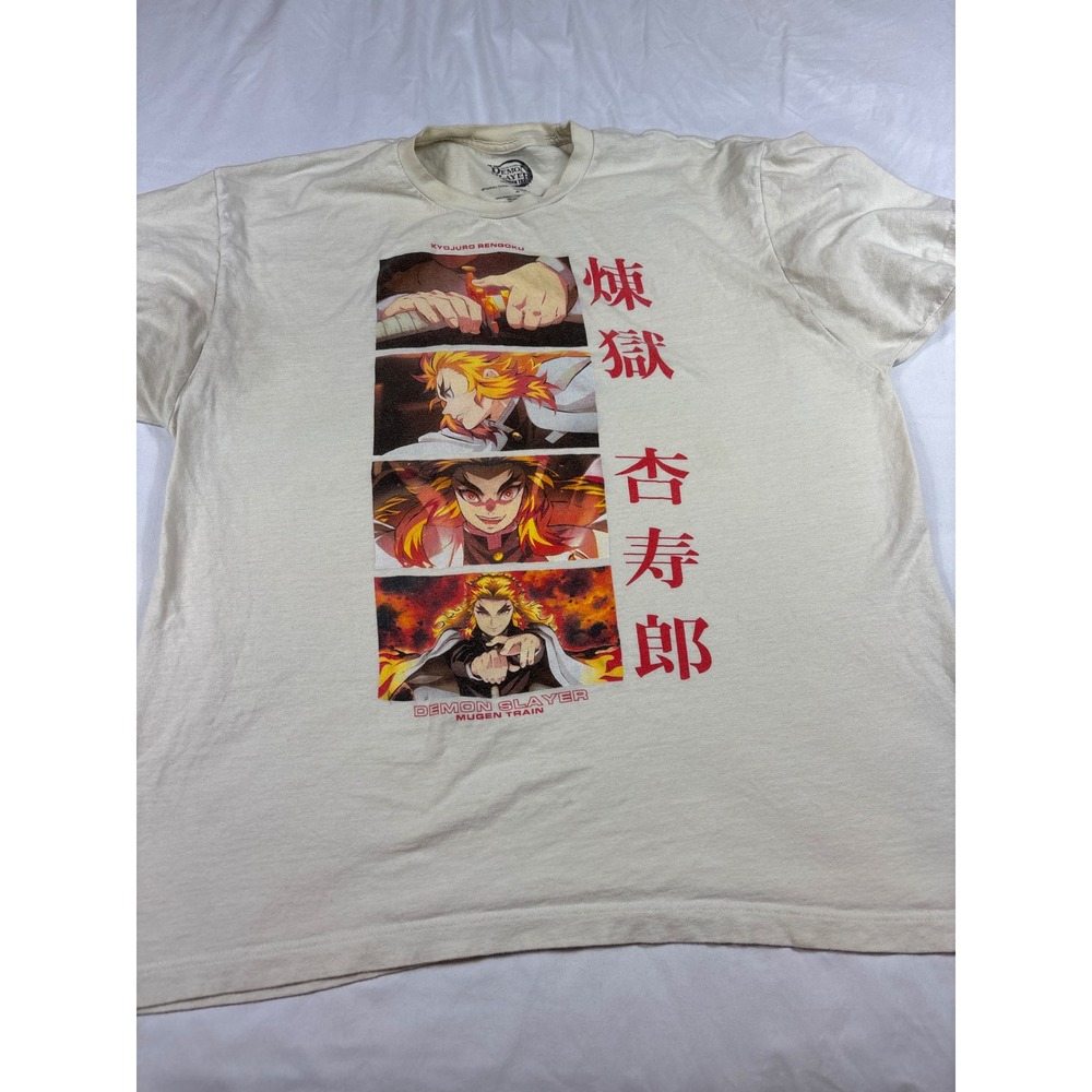 Demon Slayer Mugen Train Kyojuro Rengoku Graphic Tee Cream Mens XL Anime Shirt